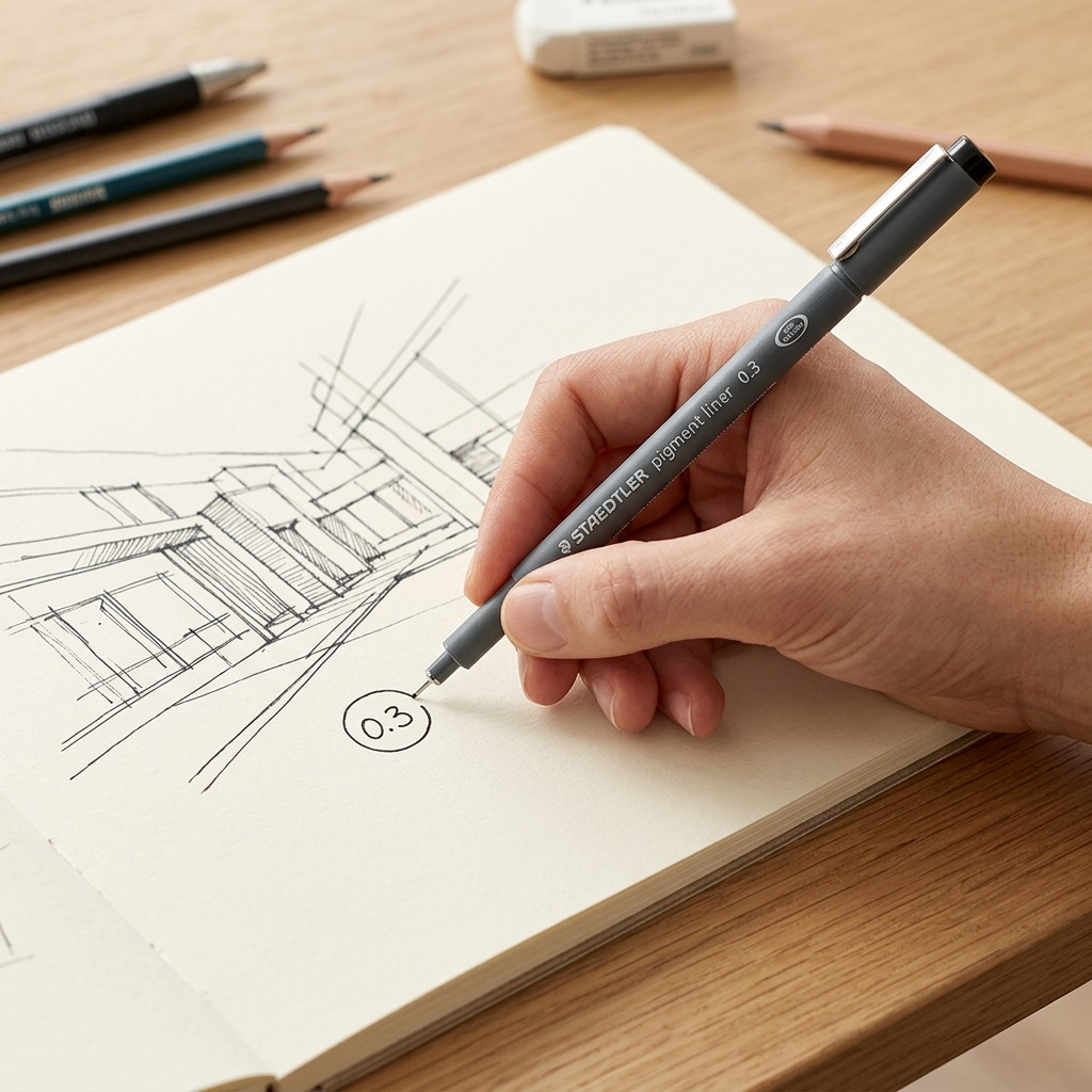 A lifestyle image featuring the STAEDTLER Fineliner 0.3mm in hand, being used for sketching on a desk.