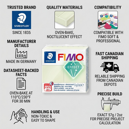 Confidence infographic for STAEDTLER Fimo Effect Noctilucent clay with factual product cues.