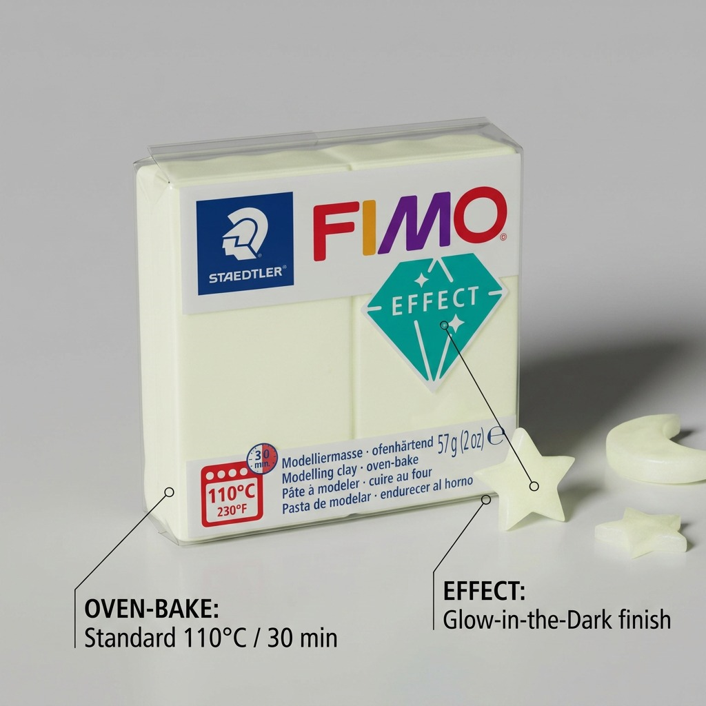 A clean ecommerce feature graphic showing the FIMO Effect Noctilucent clay with two product callouts.