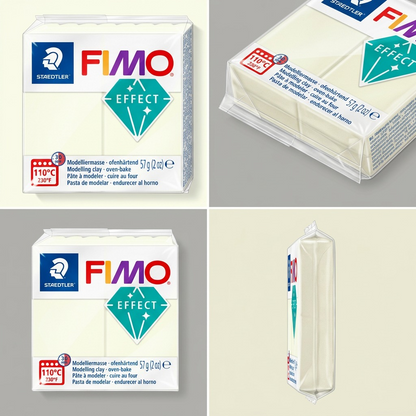A high-end ecommerce matrix presenting the FIMO Effect clay from four distinct, well-lit angles.