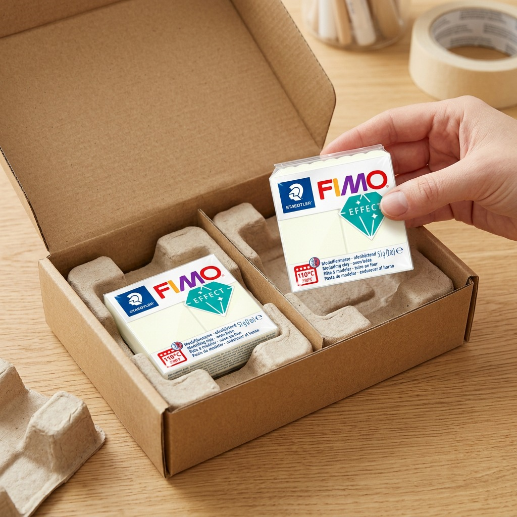 A premium, close-up photograph of hands gently unboxing genuine STAEDTLER FIMO Effect Noctilucent clay from protective transit packaging.
