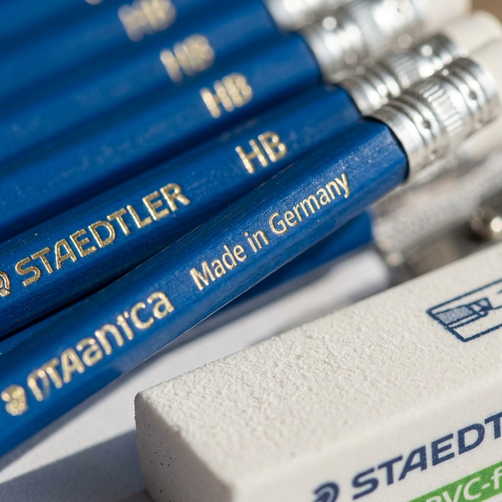 Macro photograph of the blue pencil barrels showing wood grain and embossed STAEDTLER text with extreme detail.