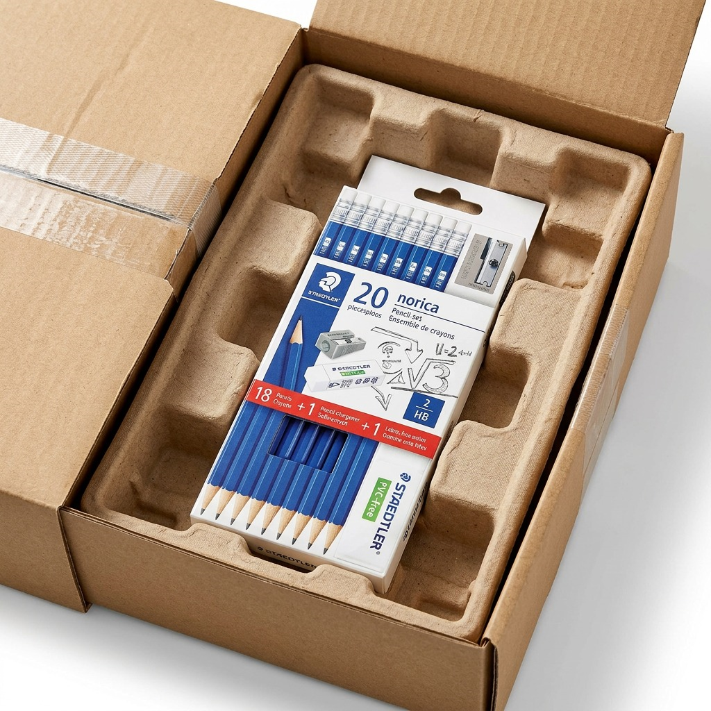 A pristine, sealed retail package for Staedtler Norica pencils in protective bubble wrap, sitting within a generic cardboard shipping box, emphasizing secure arrival.