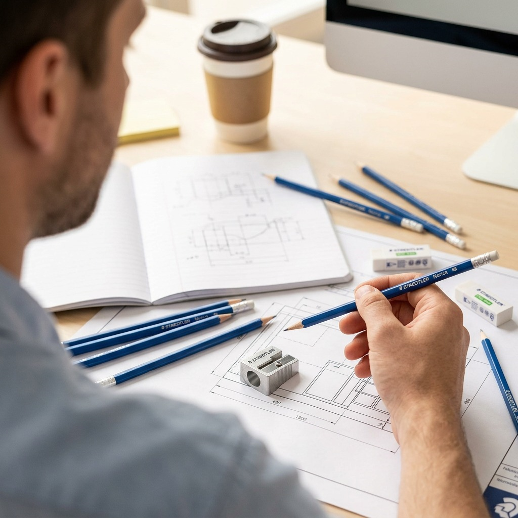 A lifestyle image showing individual STAEDTLER Norica HB pencils, a metal sharpener, and a PVC-free eraser from the 13246C18A6 set, resting on a clean wooden desk. A blueprint with geometric calculations is subtly visible, all under soft natural light.