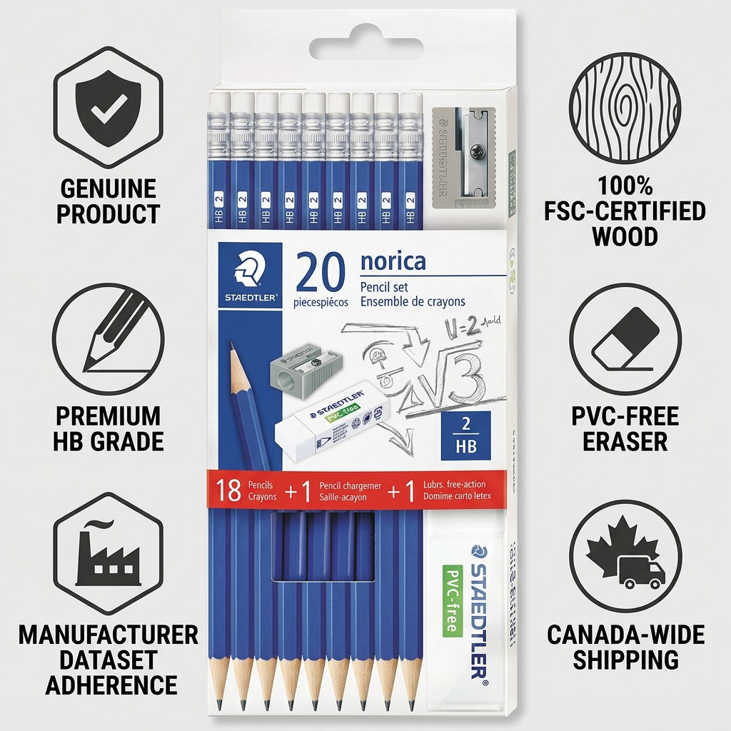 Infographic matrix showing a STAEDTLER Norica pencil set as the trusted core product, surrounded by confidence cues.