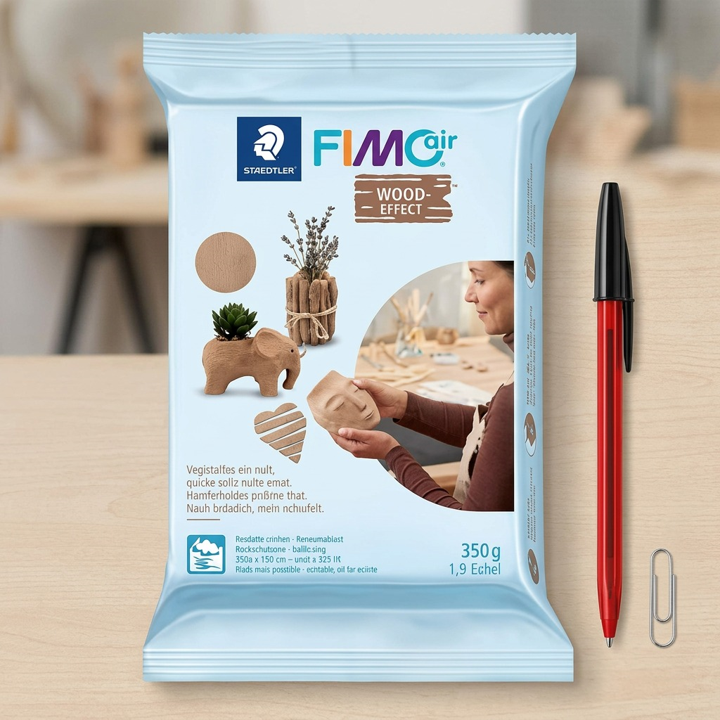 STAEDTLER Fimoair Wood Effect 350g clay pack next to a BIC pen and paperclip for scale.