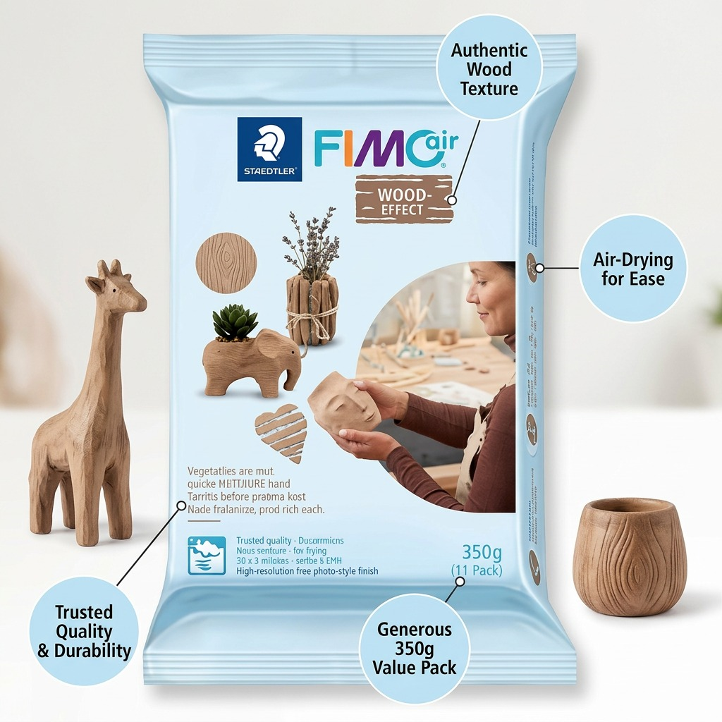 A key features callout sheet for Fimoair Wood Effect modelling elay.