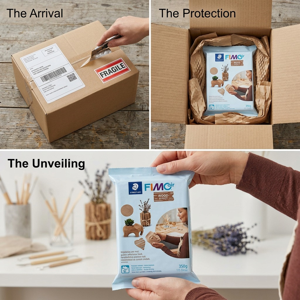 Secure unboxing of the STAEDTLER FIMOair Wood Effect clay package from a padded shipping envelope on a workbench.