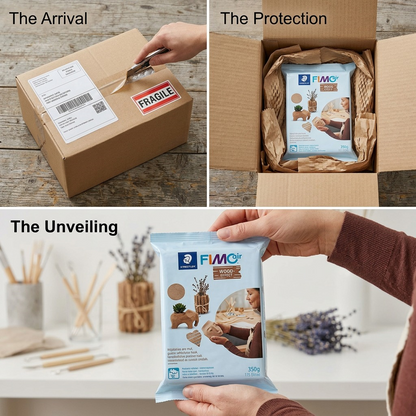 Secure unboxing of the STAEDTLER FIMOair Wood Effect clay package from a padded shipping envelope on a workbench.