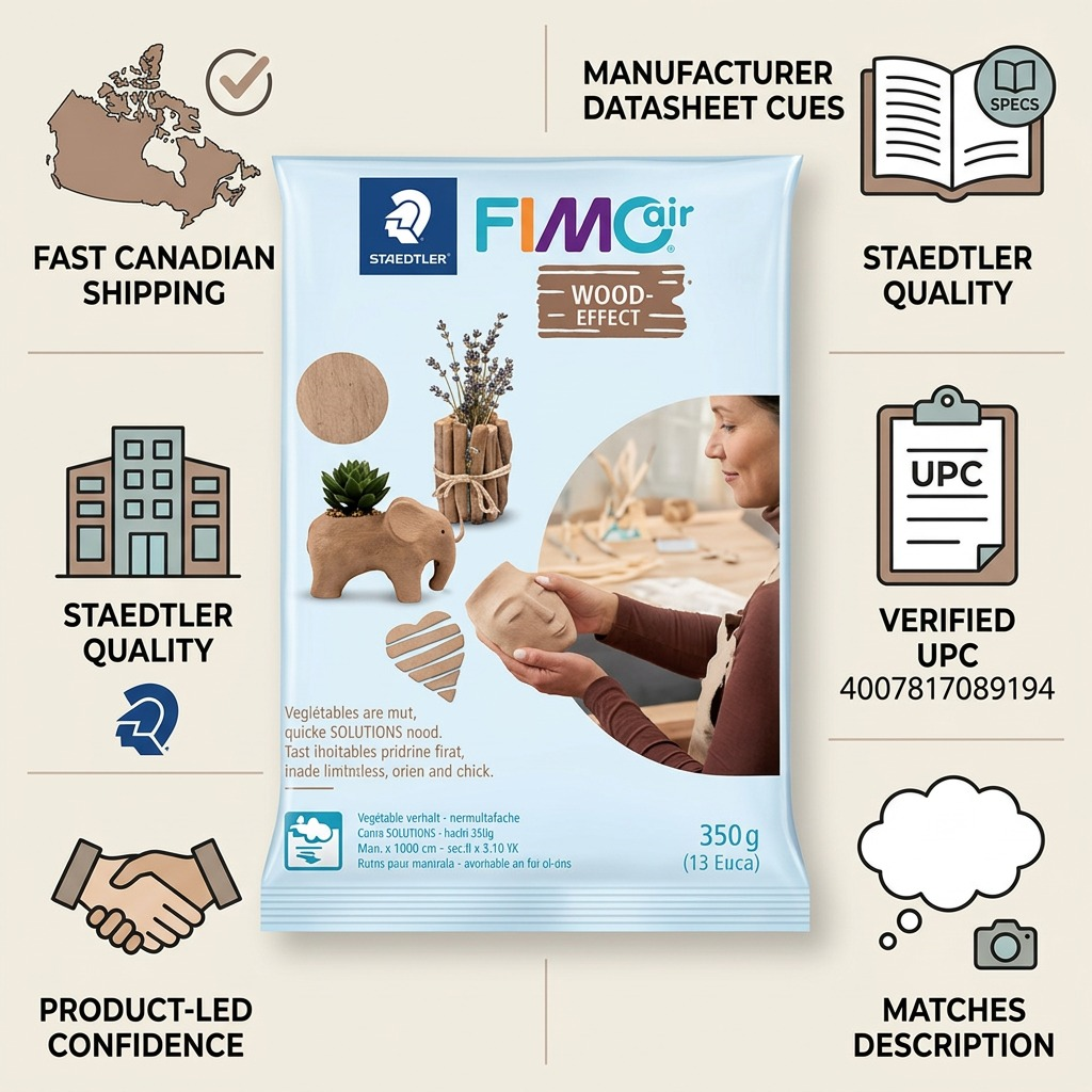 An infographic matrix with a 350g FIMOair Wood-Effect pack in the center, surrounded by trust and authority cues: "Canadian Stock," "Accurate Description," "Verified UPC 4007817089194," "Fast Delivery," "STAEDTLER Quality," and "Matches Specs." Simple icons and short text.