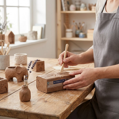 A block of wood-effect air-dry clay being sculpted into a small vase on a rustic workbench