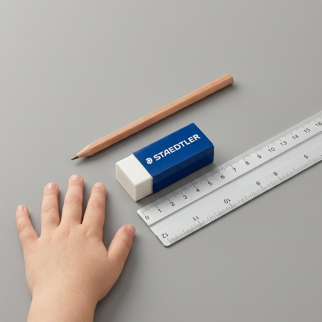 Scale reference photo for the Staedtler 525-B30 eraser. It's next to a standard AA battery and wooden pencil, on a textured desk. Precise size.