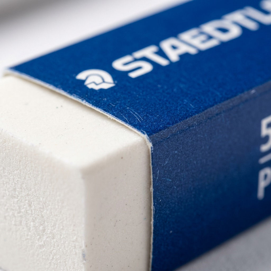 Macro detail of the white eraser texture and the paper sleeve with crisp text and clean seam.