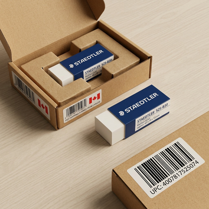Premium, realistic close-up of a Staedtler 525-B30 mini eraser nestled in neutral protective packaging material within a secure shipping box.