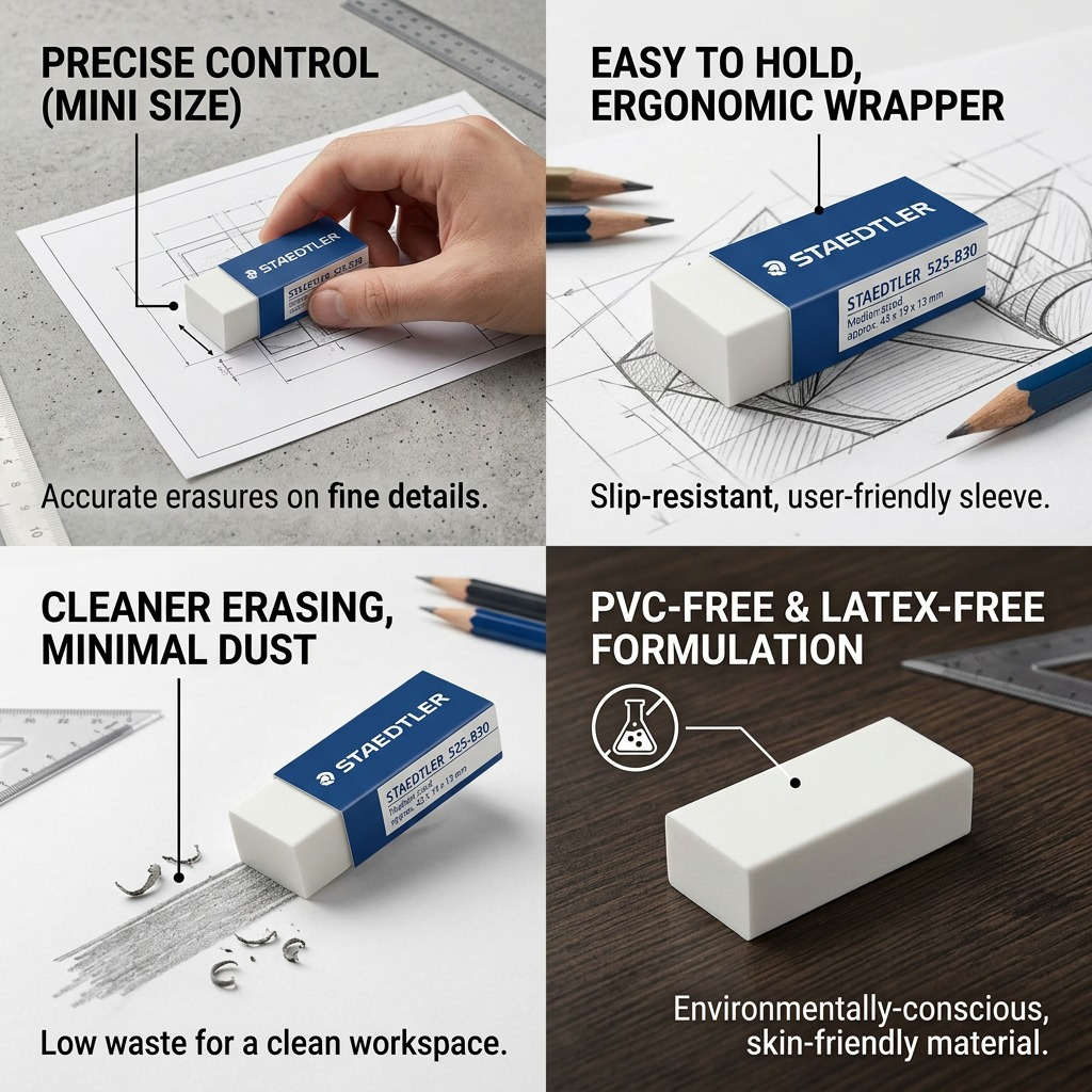 Infographic matrix showing functional features: precise control, easy hold, clean erasing, and safe material.