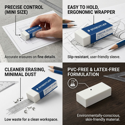 Infographic matrix showing functional features: precise control, easy hold, clean erasing, and safe material.