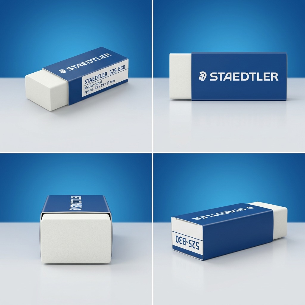 Matrix view of four STAEDTLER PVC-free erasers, featuring its blue and white wrapper from various angles.
