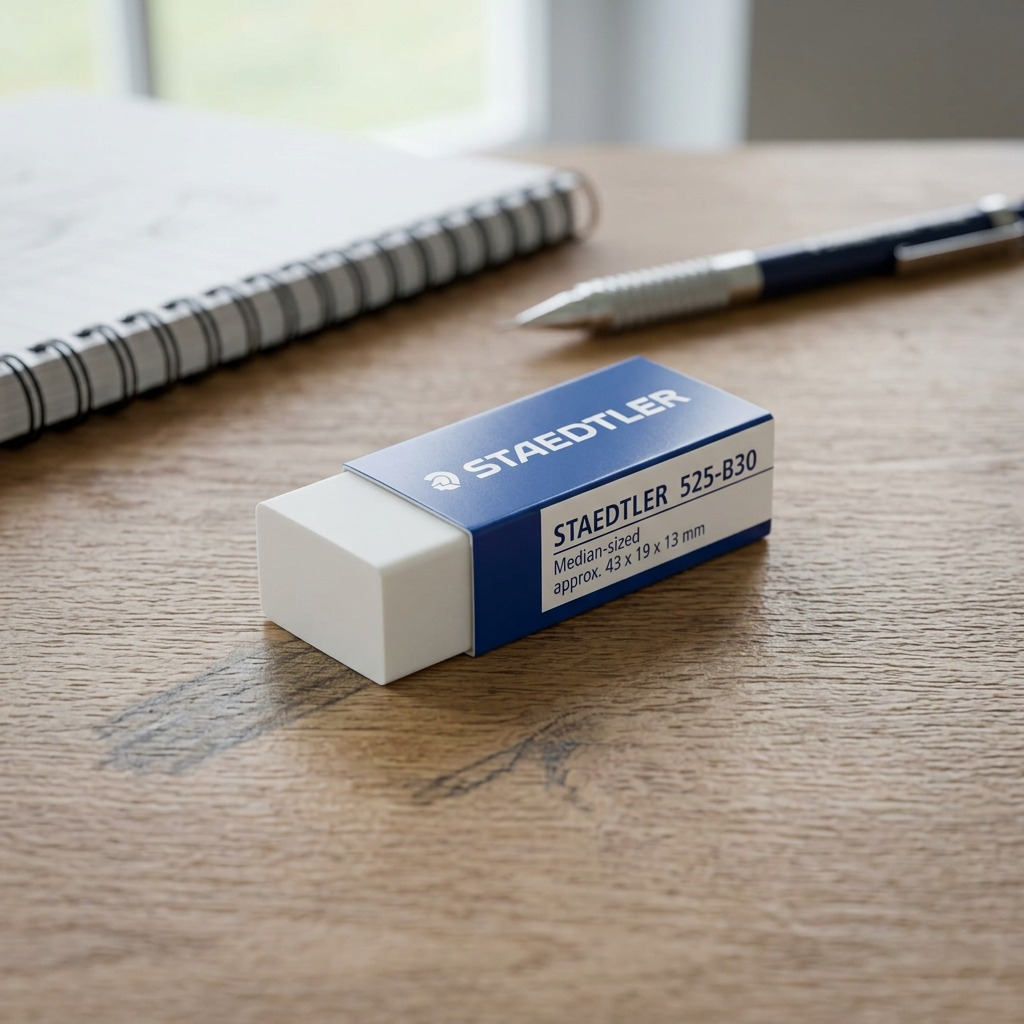 A lifestyle photo of the STAEDTLER mini PVC-free eraser and a mechanical pencil on a wooden desk with a notebook.