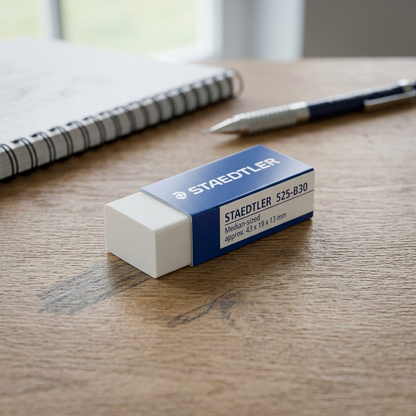A lifestyle photo of the STAEDTLER mini PVC-free eraser and a mechanical pencil on a wooden desk with a notebook.