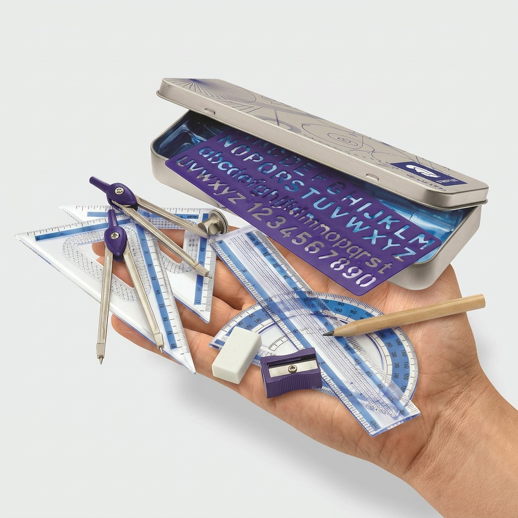 The STAEDTLER excellence math set displayed neatly in an open palm for easy size reference.