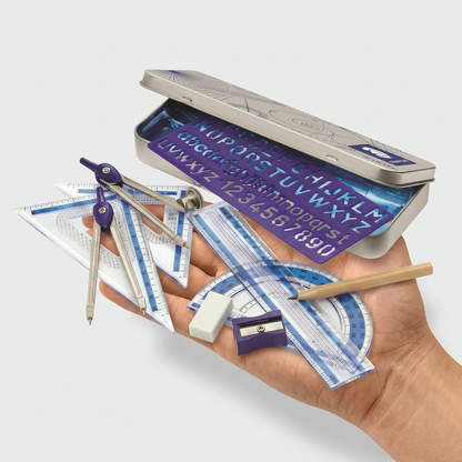 The STAEDTLER excellence math set displayed neatly in an open palm for easy size reference.