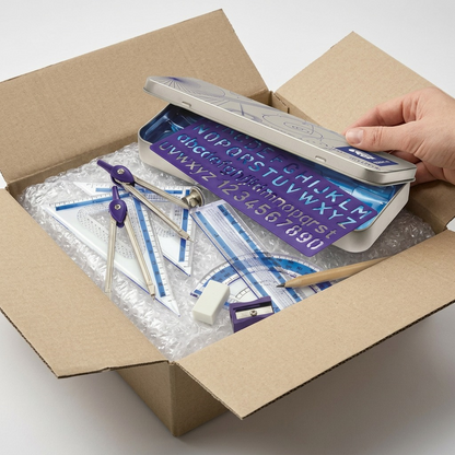 Open shipping box with bubble wrap carefully protecting the Staedtler geometry set in its metal tin.