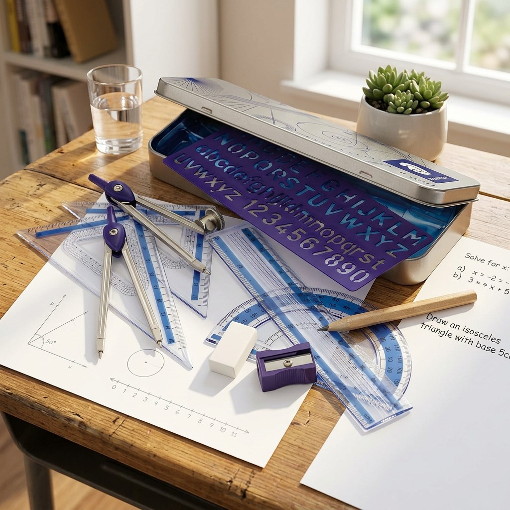 A close-up photograph of a student's wooden desk with the metal Staedtler geometry set components neatly organized and ready for work, bathed in warm, natural afternoon light from a nearby window.