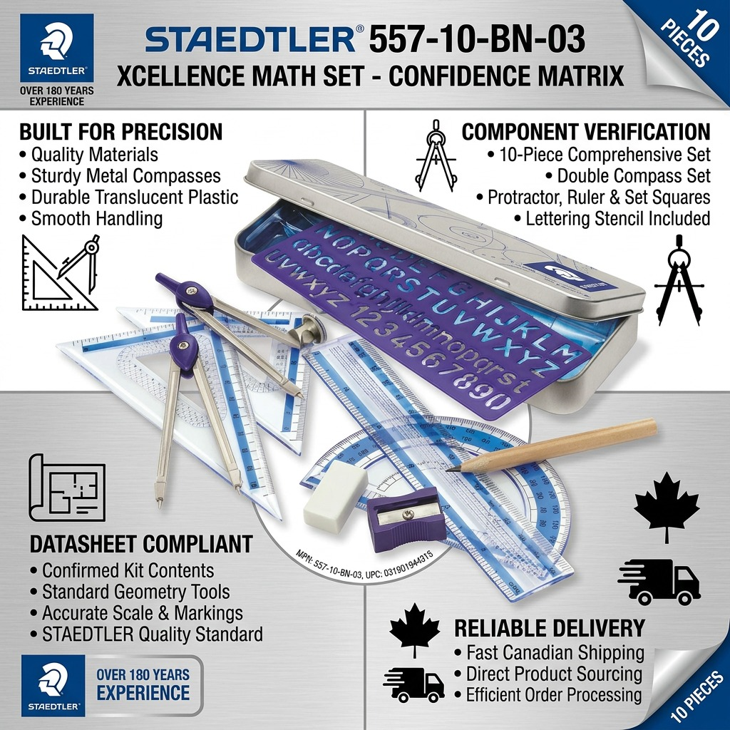 An informative infographic for the STAEDTLER XCELLENCE MATH SET, highlighting its precision, component confirmation, reliability and delivery.