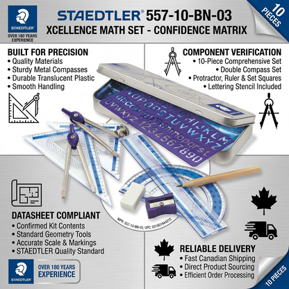An informative infographic for the STAEDTLER XCELLENCE MATH SET, highlighting its precision, component confirmation, reliability and delivery.