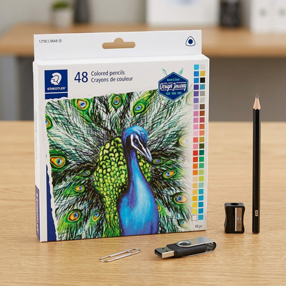 A close-up photograph comparing the Staedtler colored pencil set to common desk items for a clear scale reference.