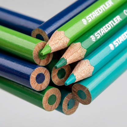Macro inspection showing wood grain and 3mm lead tips of STAEDTLER pencils.
