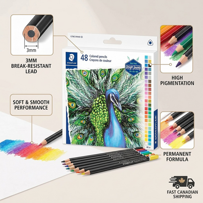 A visual representation of the features of the 48-pack STAEDTLER permanent colored pencils, highlighting the 3mm break-resistant leads, soft smooth performance, and high pigmentation with permanent formula.