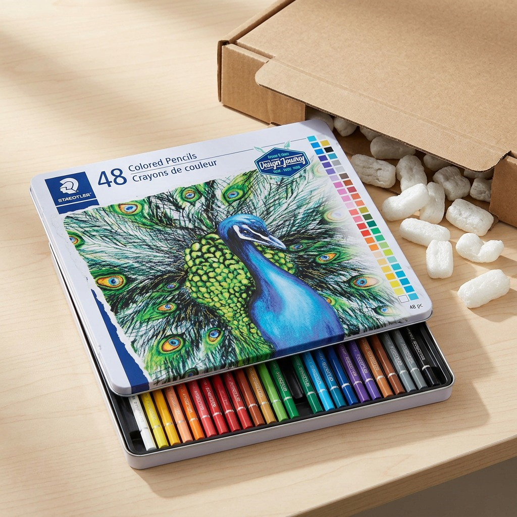An artistic unboxing shot on a wood surface shows the STAEDTLER pencil tin nestled in custom foam, with loose packing peanuts nearby.