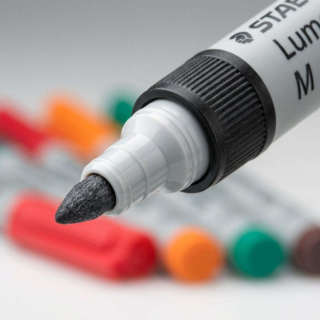 Extreme close-up macro photograph focusing on the 1.0mm fiber tip of one non-permanent marker, with precision details of the point and material texture.