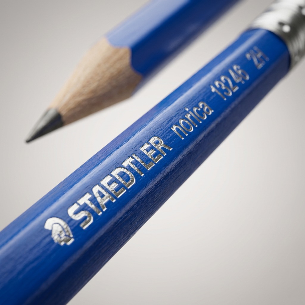 Macro detail of the STAEDTLER Norica 2H pencil showing the precise silver foil printing on the blue barrel.