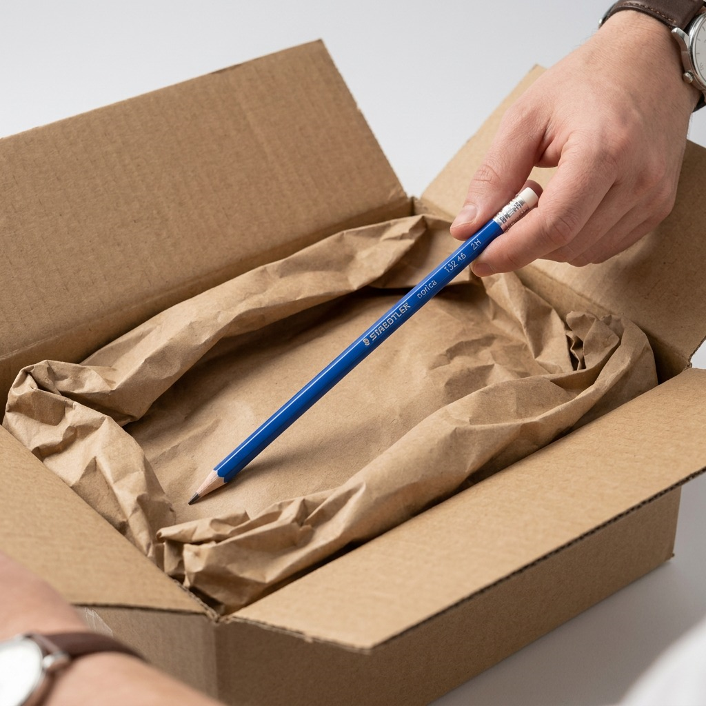 A premium unboxing view, with a single 2H Norica pencil lying safe among crumpled packing paper within a clean cardboard delivery box.
