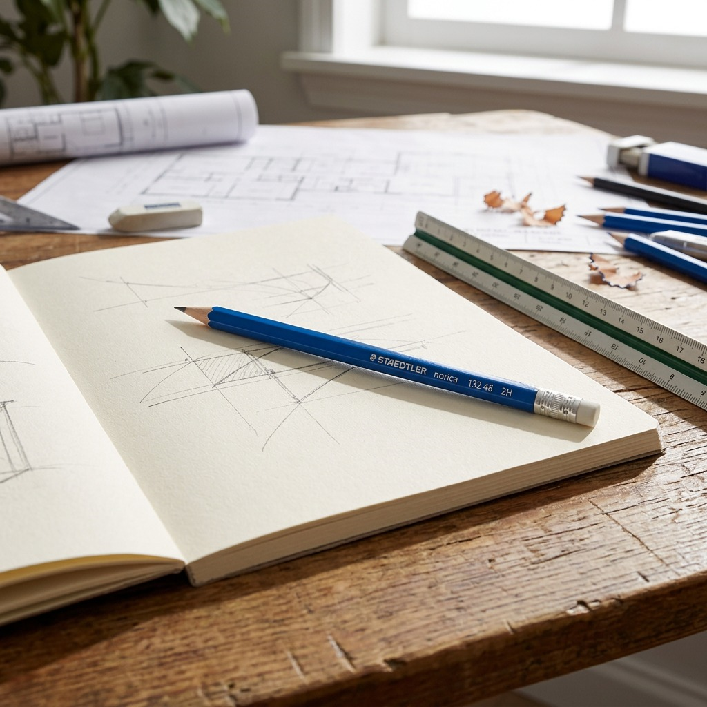 STAEDTLER Norica 2H pencil with sharpened tip and eraser, resting on an open sketchbook on a wood desk.