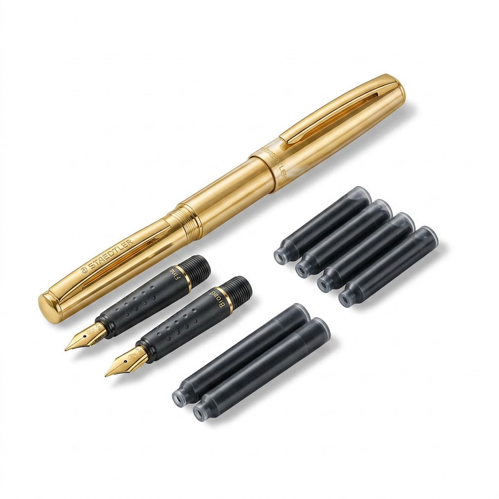 High-resolution hero shot of the STAEDTLER Calligraphy set's individual metal pen body, two nibs, and four ink cartridges.