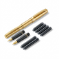 High-resolution hero shot of the STAEDTLER Calligraphy set's individual metal pen body, two nibs, and four ink cartridges.