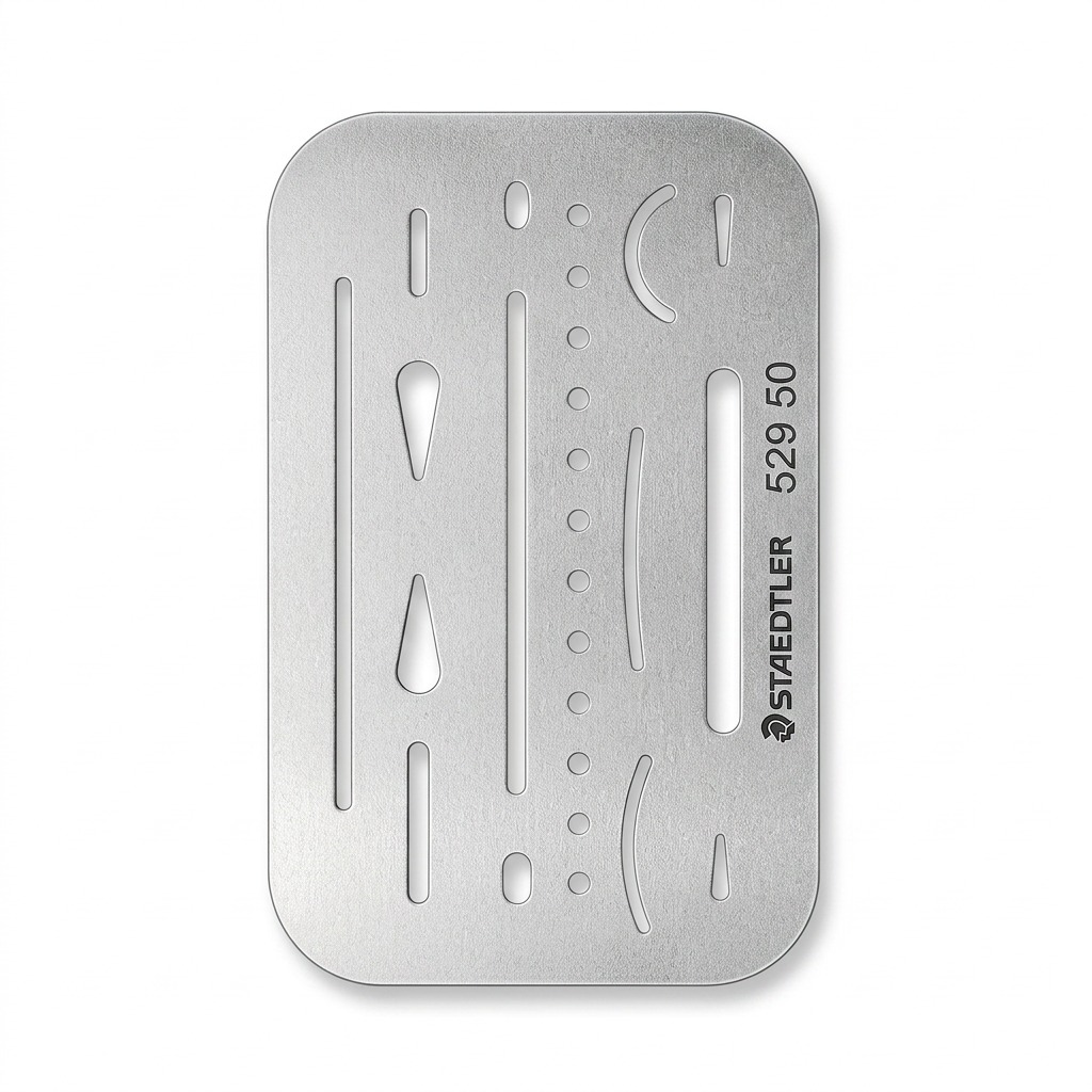 A high-resolution, centered view of the metal erasing shield with all its precision cutouts.