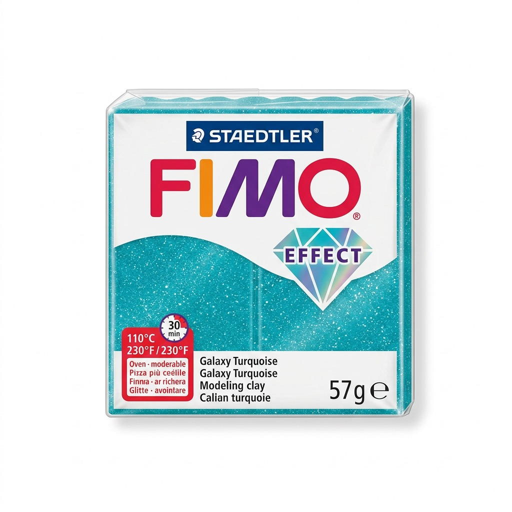 STAEDTLER Fimo Effect glittery turquoise oven-bake modeling clay, 57g block, front view on white background.