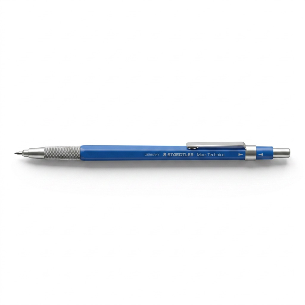 STAEDTLER Mars Technico 2mm clutch pencil with blue body, metal grip, and clip on white background.