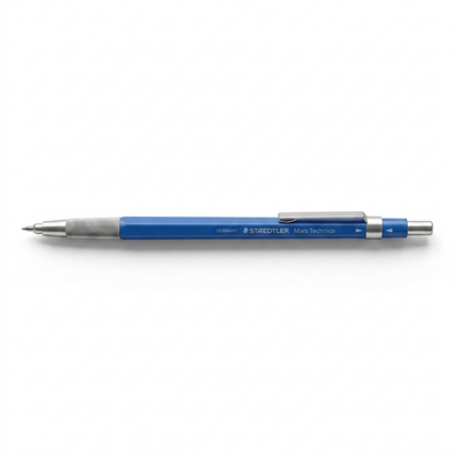 STAEDTLER Mars Technico 2mm clutch pencil with blue body, metal grip, and clip on white background.