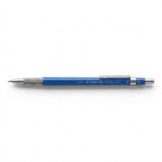 STAEDTLER Mars Technico 2mm clutch pencil with blue body, metal grip, and clip on white background.