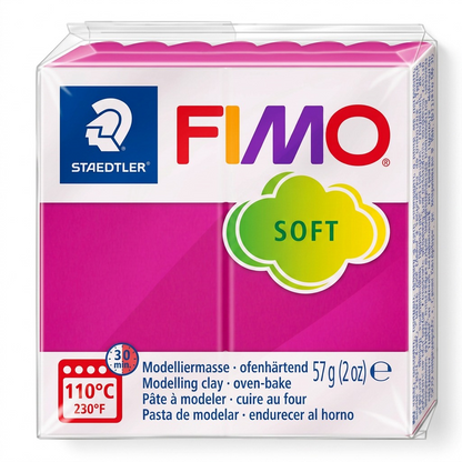 A centered, high-resolution hero shot of the 57g FIMO Soft Raspberry modelling clay pack on a white background.