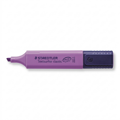 High-resolution, centered view of the STAEDTLER Textsurfer classic fluorescent violet highlighter against a pure white background. The purple body features dark purple markings and a dark purple cap, exactly matching image_0.png.