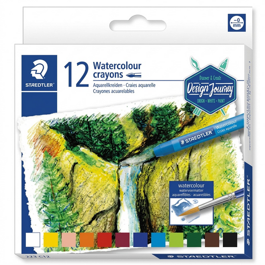 Pure, high-resolution hero shot of the STAEDTLER Watercolour Crayons set, SKU 223 C12.