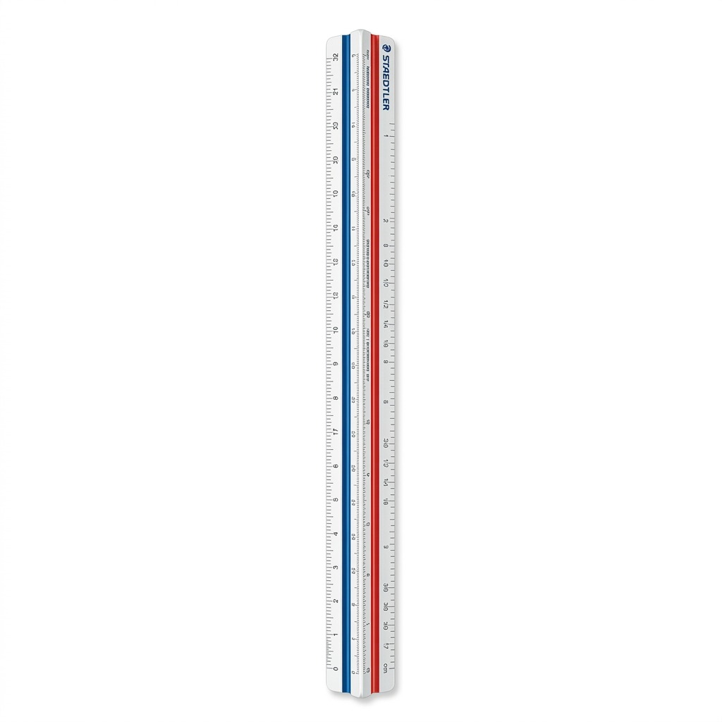 A clean, high-resolution product shot of the STAEDTLER triangular scale rule, isolated on a pure white background.