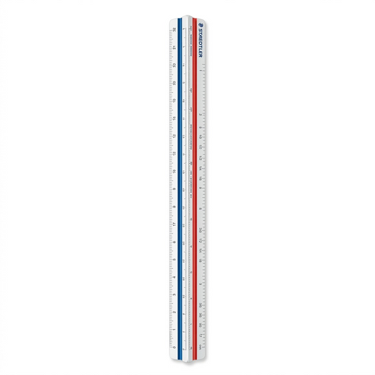 A clean, high-resolution product shot of the STAEDTLER triangular scale rule, isolated on a pure white background.