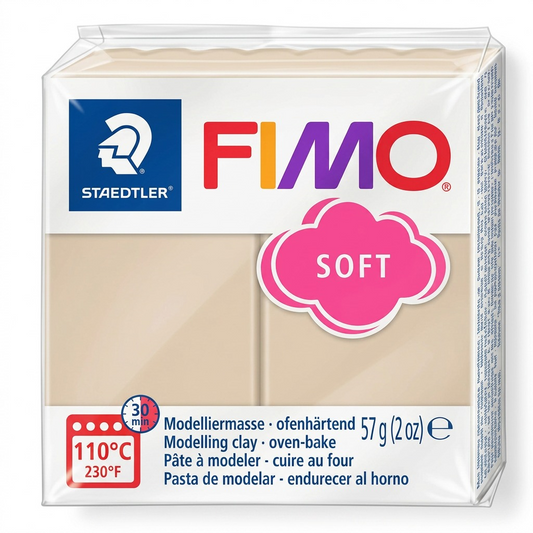 Pure high-resolution hero shot of STAEDTLER Fimo Soft Sahara 57g (2 oz) modeling clay in its original packaging, centered on a pure white background.